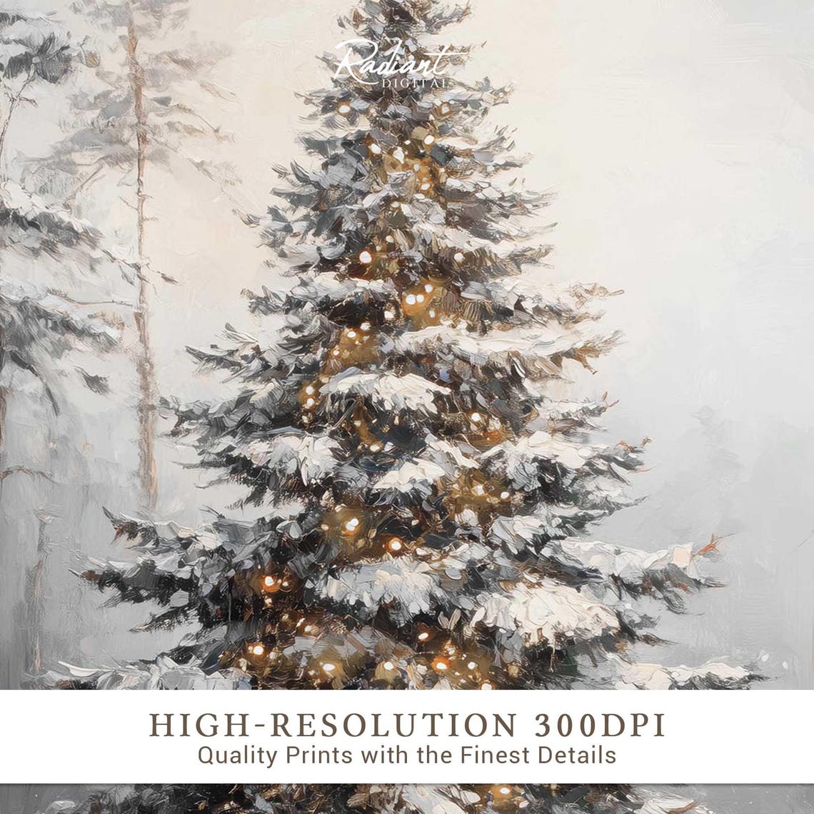 Snowy Christmas Tree Golden Lights Winter Forest Night Wall Art - Image 3