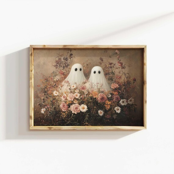 Two Cute Ghosts Among Roses Daisies Floral Halloween Art Print