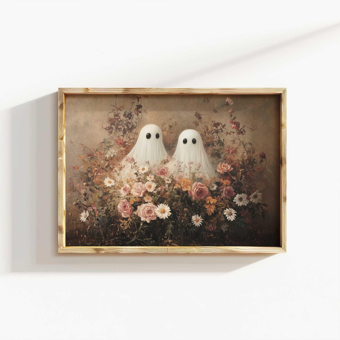 Two Cute Ghosts Among Roses Daisies Floral Halloween Art Print