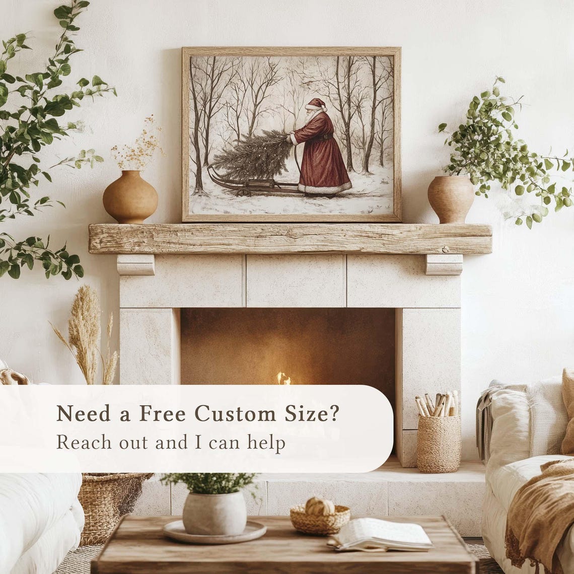 Santa Pulling Sled with Christmas Tree Forest Vintage Poster - Image 4