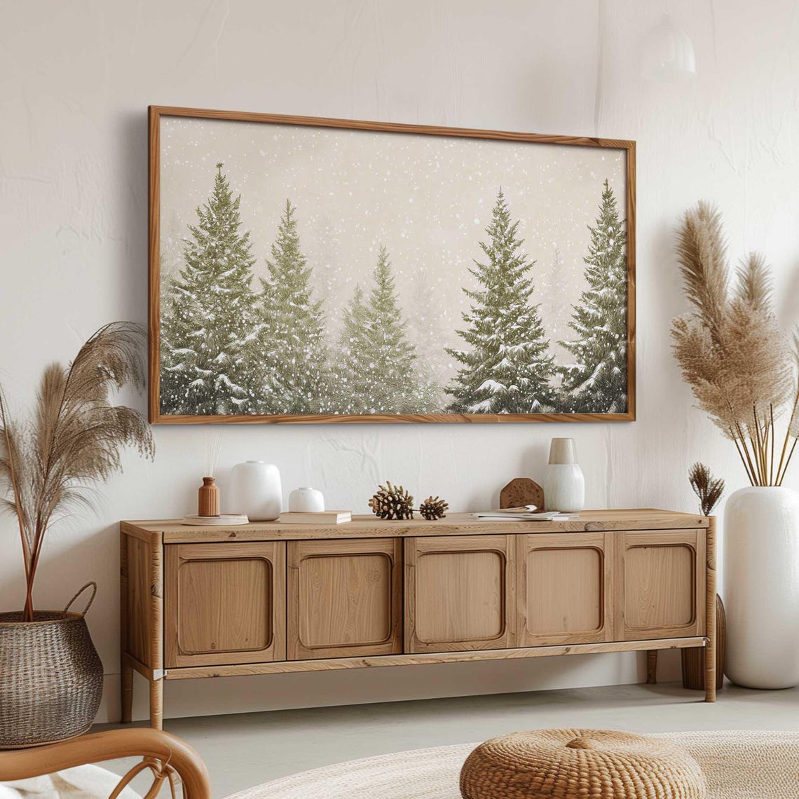 Evergreen Trees in Falling Snow Serene Winter Night Watercolor Poster - Image 3
