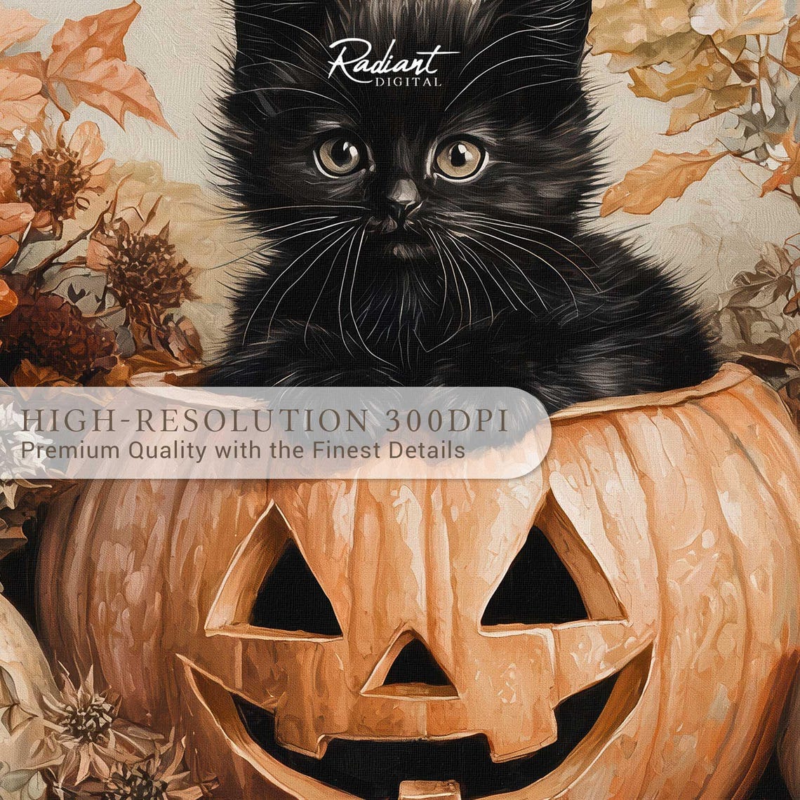 Black Cat In Jack O Lantern Halloween Pumpkin Patch Wall Art - Image 3