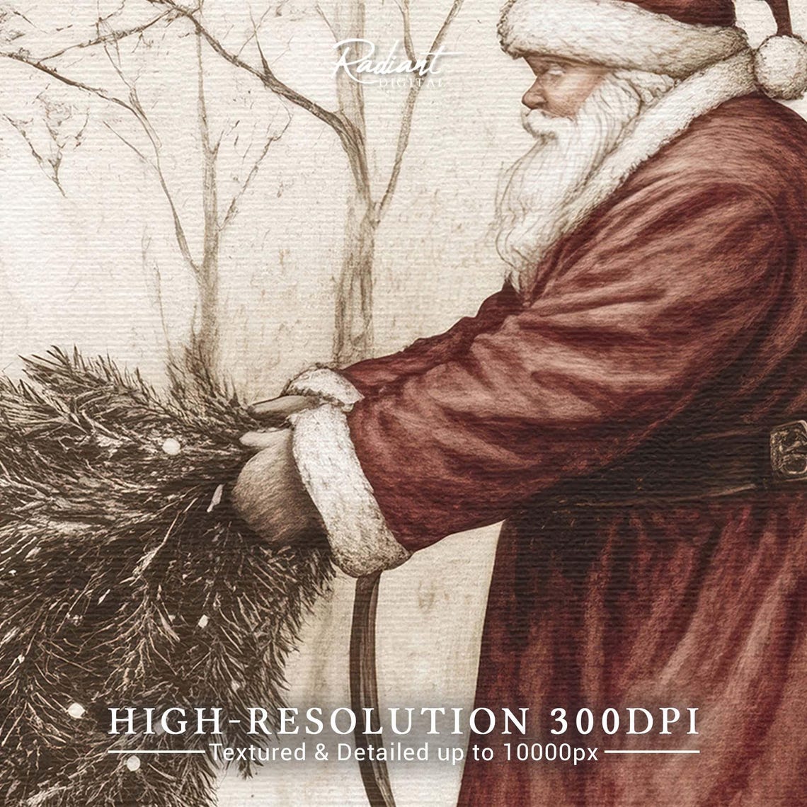 Santa Pulling Sled with Christmas Tree Forest Vintage Poster - Image 2