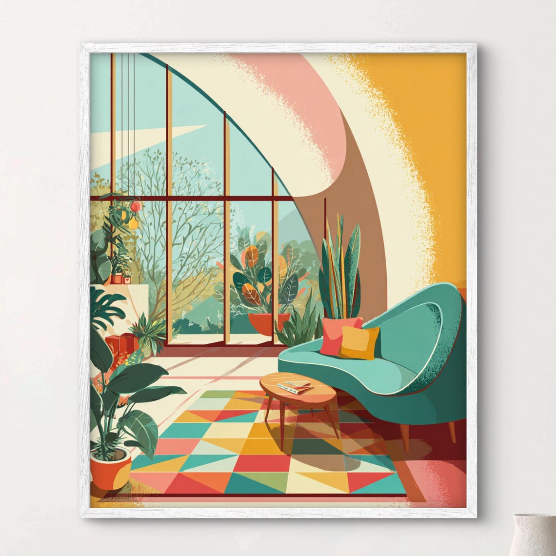 Midcentury Modern Sunroom Interior Teal Sofa Retro Illustration Print