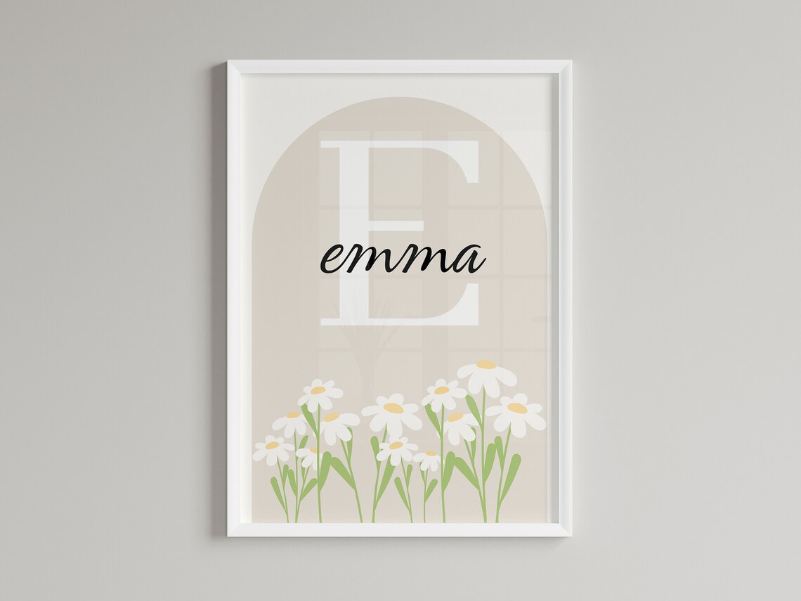 Personalized Daisy Nursery Name Poster Beige Arch Wildflower Initial Art