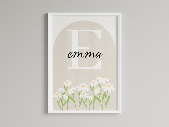 Personalized Daisy Nursery Name Poster Beige Arch Wildflower Initial Art