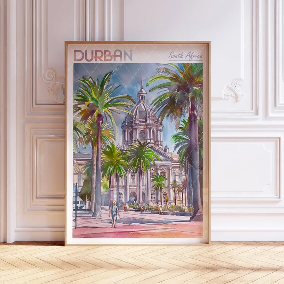 Durban South Africa City Hall Palm Trees Watercolor Travel Poster