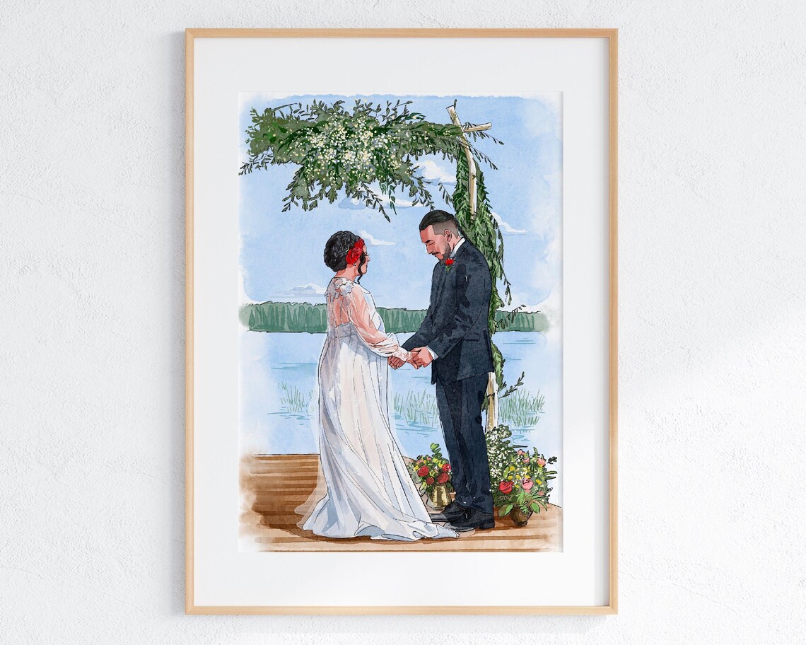 Wedding Party Group Portrait With Dog and Cat Watercolor Art Poster - Image 2