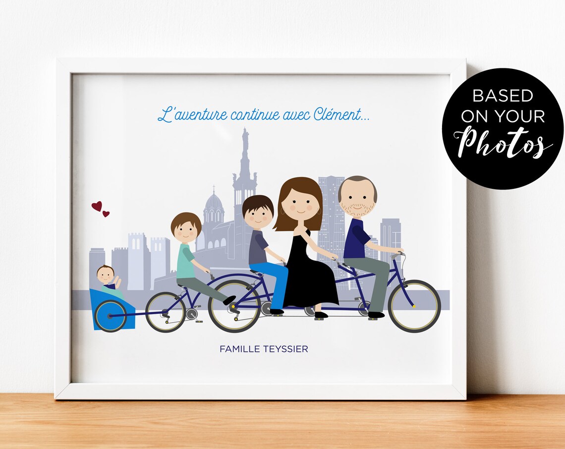 Personalized Famille Teyssier Tandem Bike Family Illustration Poster