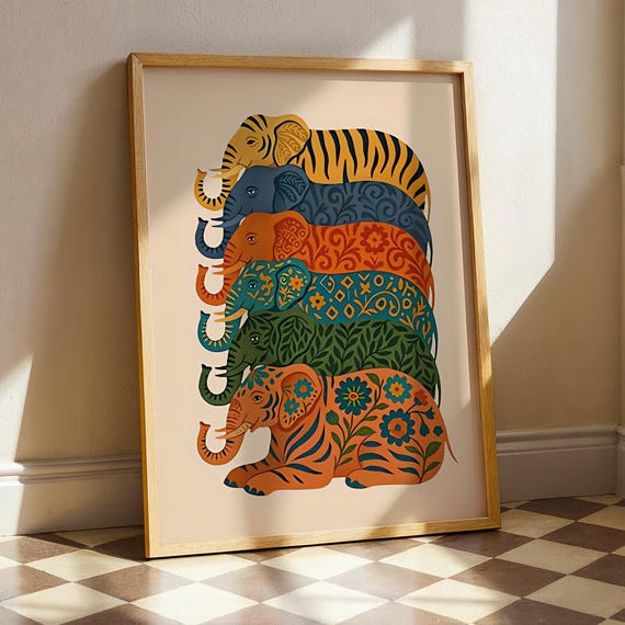 Elephant Nursery Art Decor Cute Safari Animal Print For Kids Room Colorful Pattern Illustration Baby Whimsical Poster
