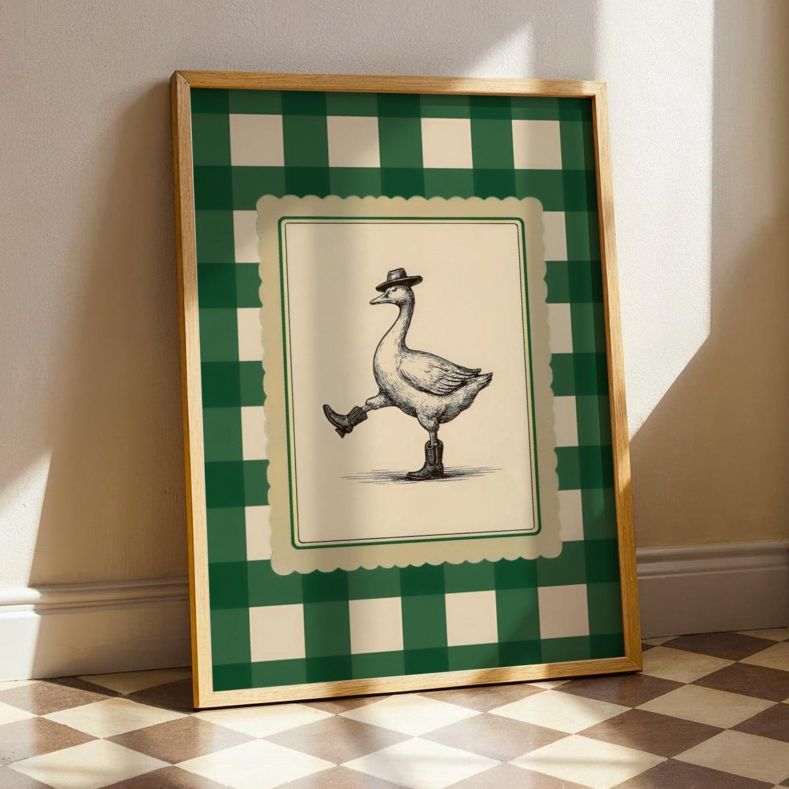 Whimsical Cowboy Duck Wearing Hat and Boots Green Checkered Art Poster