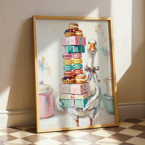 Whimsical Goose Kitchen Wall Art Cute Baker Gift Pastel Pastry Paint Colorful Macarons Bakery Decor Impasto Poster Cottagecore Print