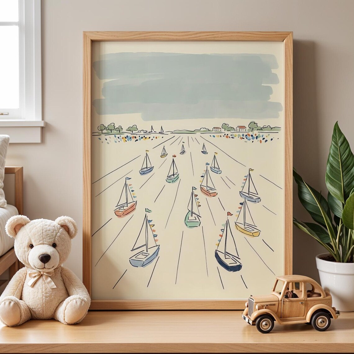 Sailboat Regatta Minimalist Line Illustration Nautical Nursery Wall Art