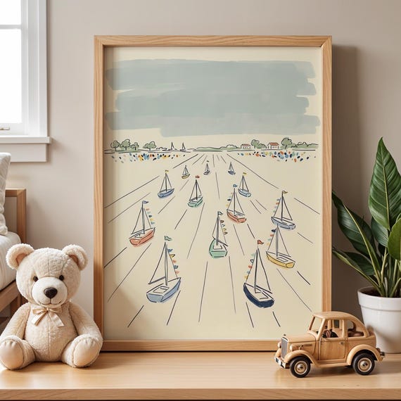 Nautical Nursery Wall Art Minimalist Kids Room Decor Sailboat Boys Bedroom Print Sailing Boat Regatta Baby Poster Scandi Ocean Artwork