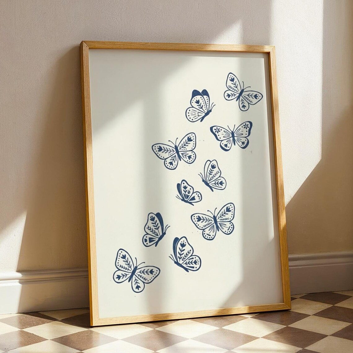 Blue Butterflies Ascending Linocut Folk Art Minimalist Insect Poster