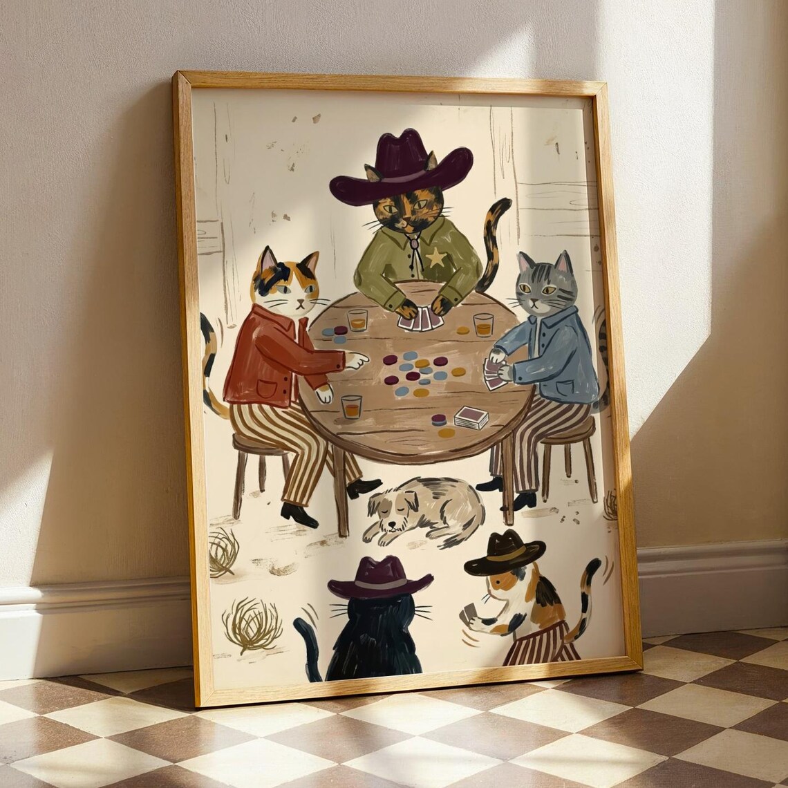 Cowboy Cats Playing Poker Western Saloon Funny Feline Card Game Poster
