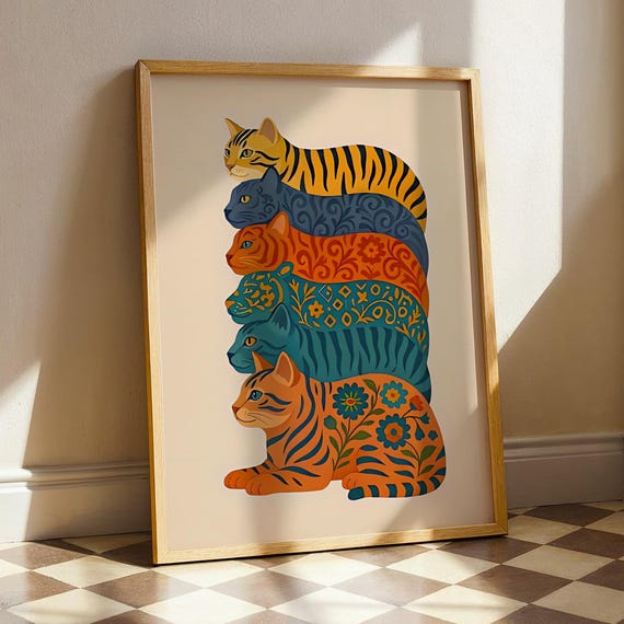 Cat Colorful Printable Wall Art Print Dopamine Kittens Illustration Animal Kids Room Poster Baby Nursery Decor Digital Download
