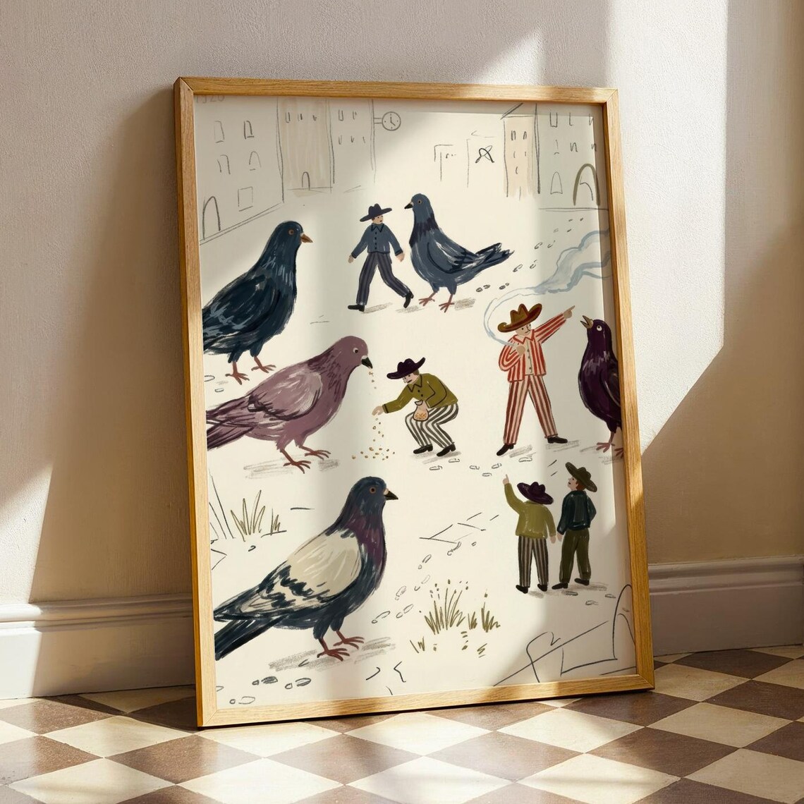 Giant Pigeons With Tiny Cowboy People Whimsical Folk Art Poster