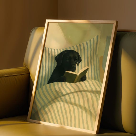 Black Labrador Reading Book In Bed Printable Cosy Bedroom Dog Illustration Bookshelf Decor Retro Bookish Nursery Art Digital Download