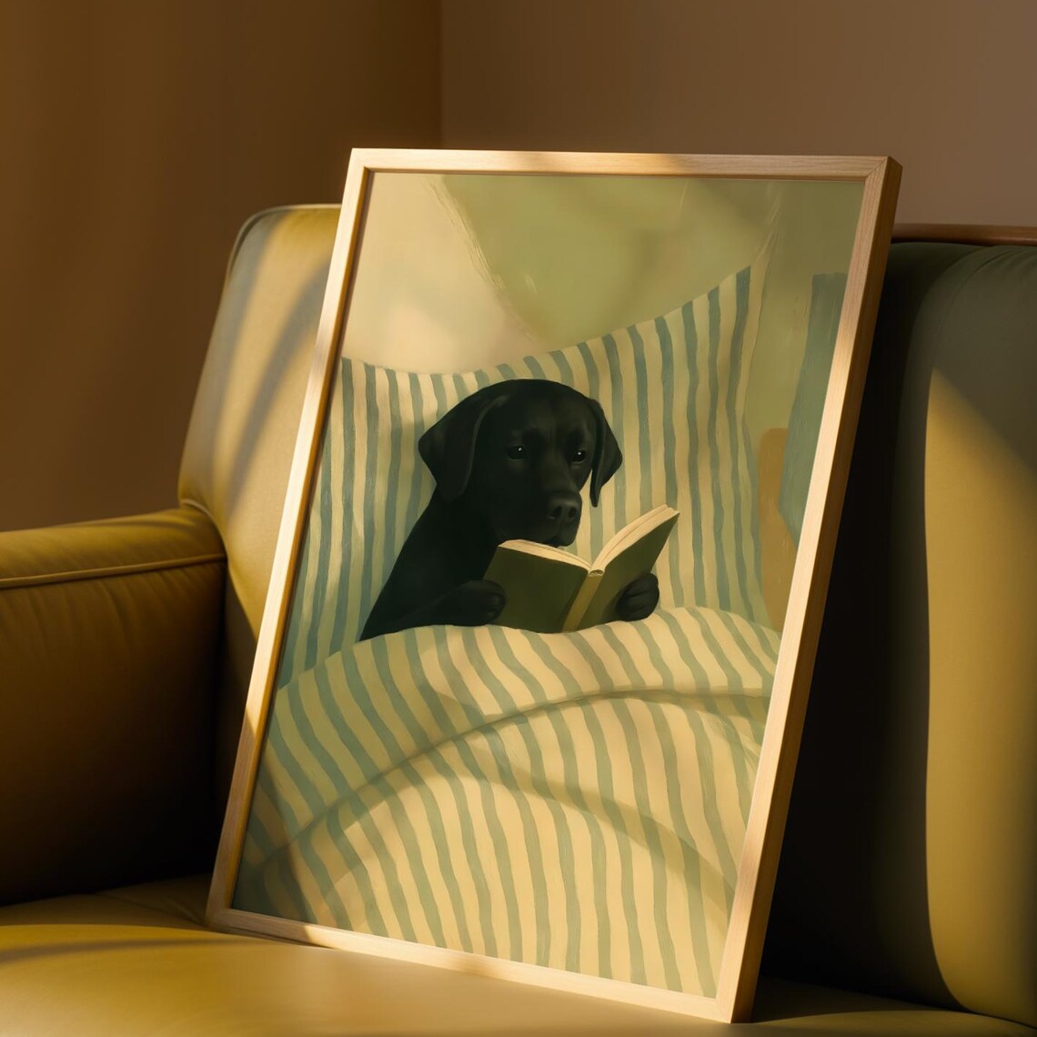 Black Labrador Reading Book In Bed Golden Light Cozy Dog Poster