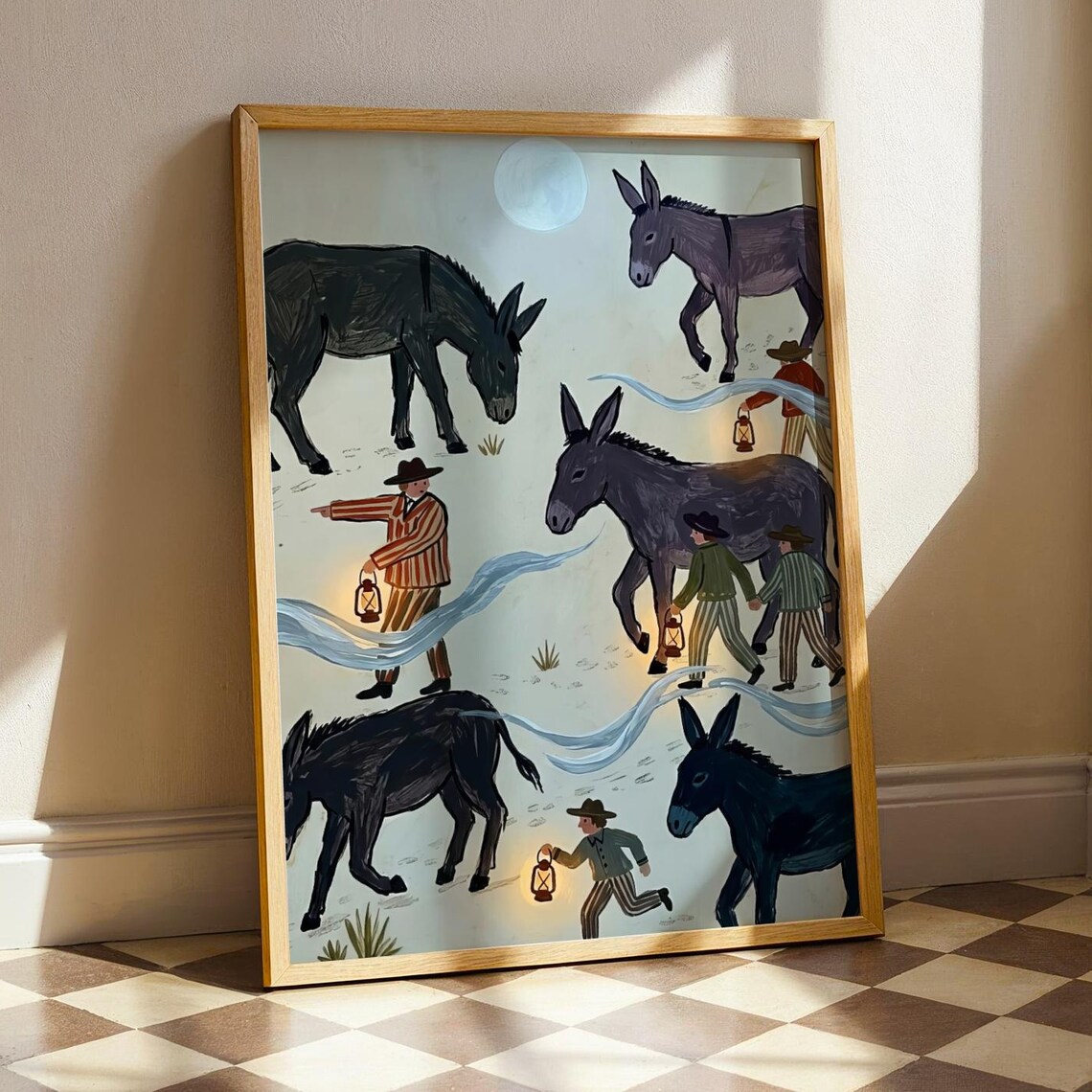 Moonlit Donkey Folk Art Print, Vintage Storybook