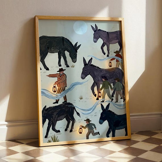 Moonlit Donkey Folk Art Print, Vintage Storybook