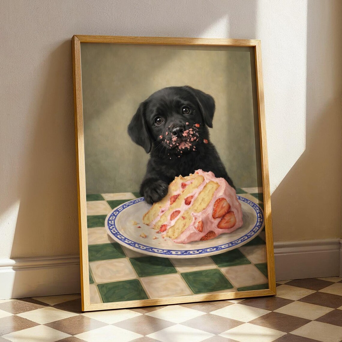 Cute Black Labrador Puppy Strawberry Cake Dessert Painting Poster