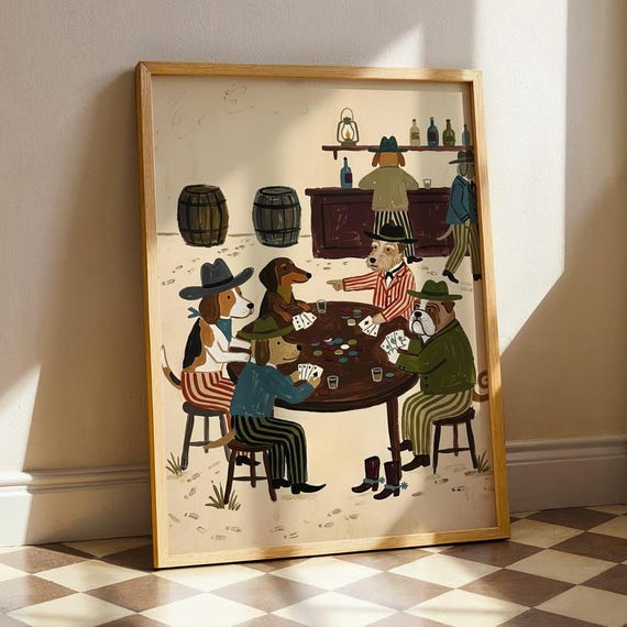 Cowboy Dog Poker Art Print Vintage Western Animal Painting Rustic Saloon Poster Funny Dogs Folk Artwork Mid Century Bar Cart Wall Decor