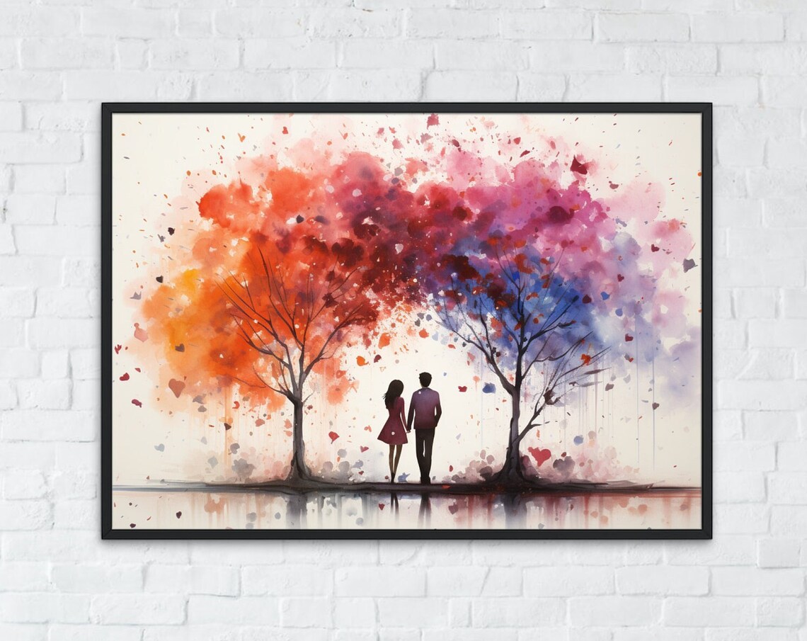 Watercolor Couple In Love Art Print, Tree Silhouette - Image 2