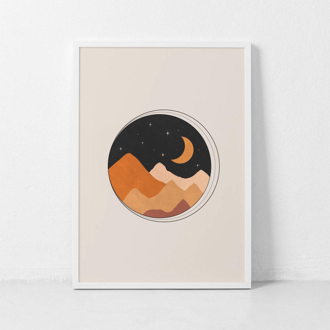 Night Mountains Moon Stars Circle Minimalist Celestial Wall Art