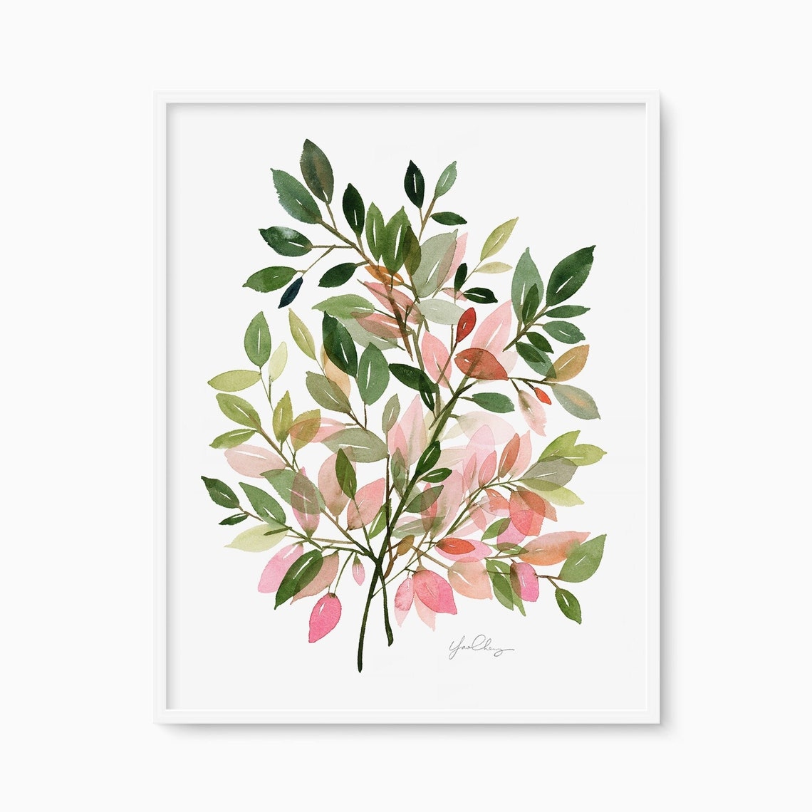 Green Coral Watercolor Leaf Branch Botanical Eucalyptus Wall Poster