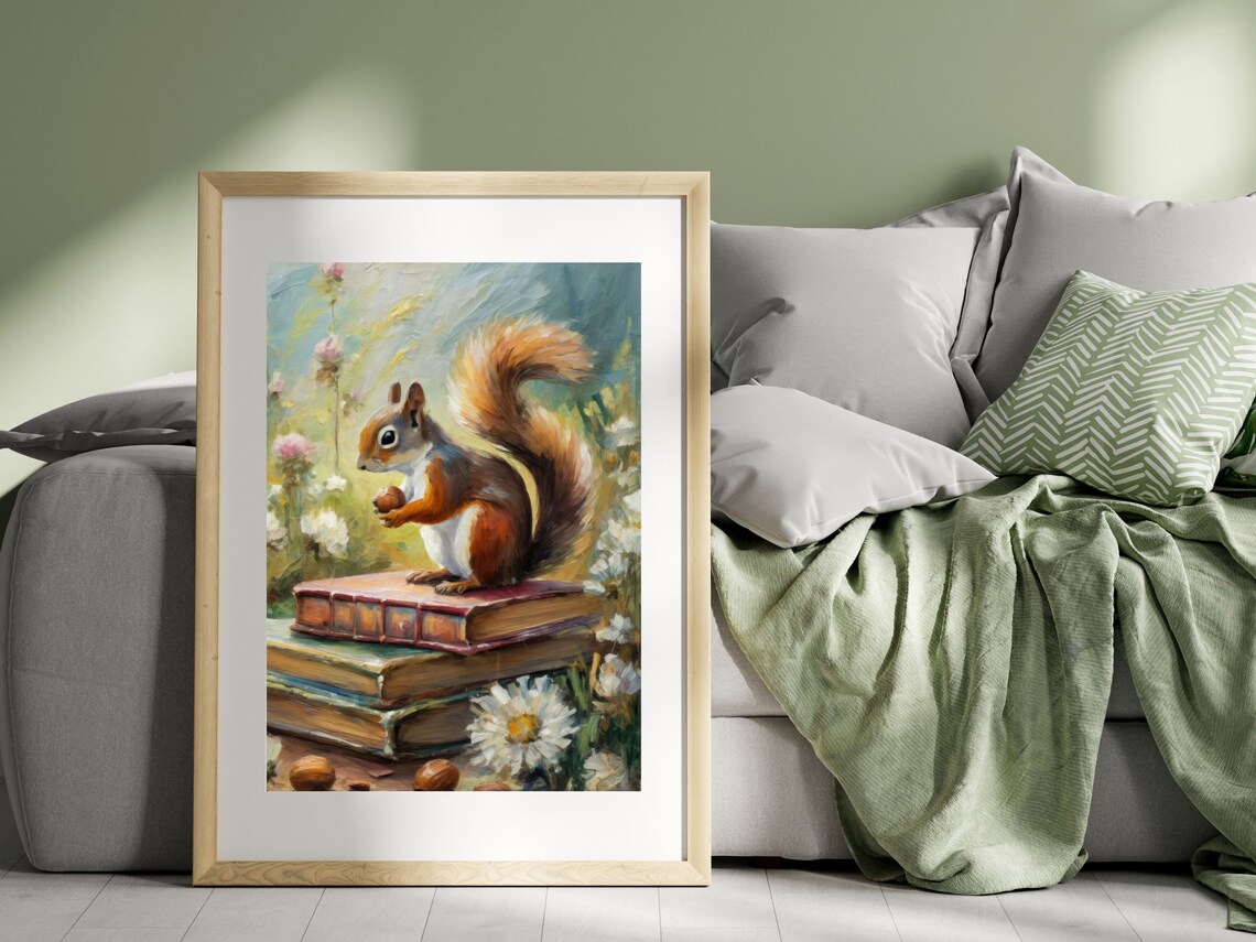 Red Squirrel With Acorn On Stack Of Books Vintage Floral Painting Poster - Image 2