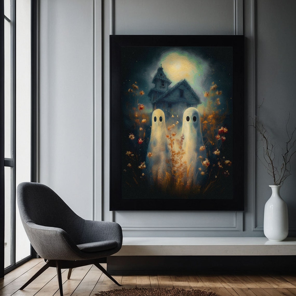 Two Ghosts In A Moonlit Haunted Meadow At Night Halloween Poster - Image 2