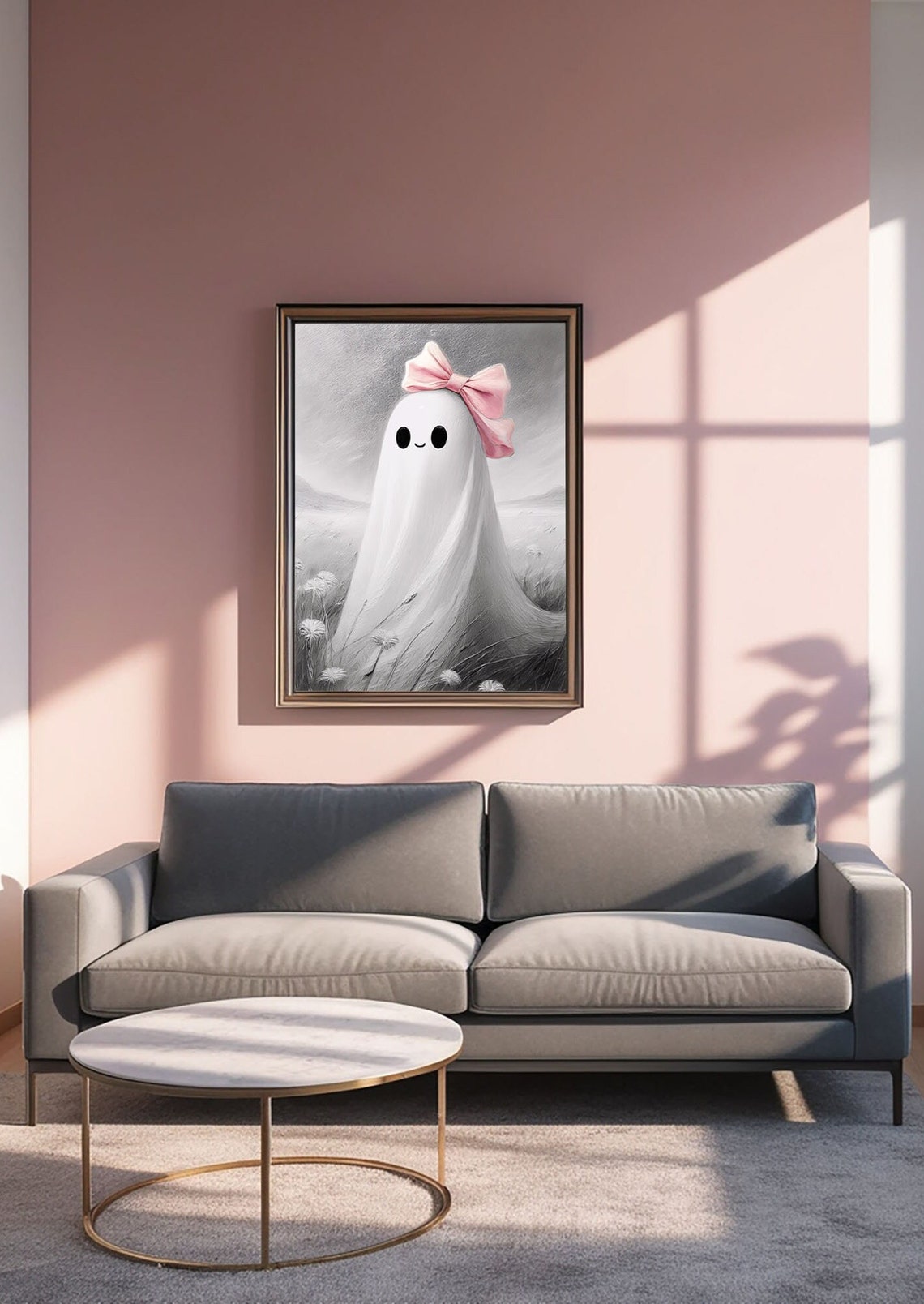 Monochrome Ghost With Pink Bow Standing In A Daisy Meadow Poster - Image 4