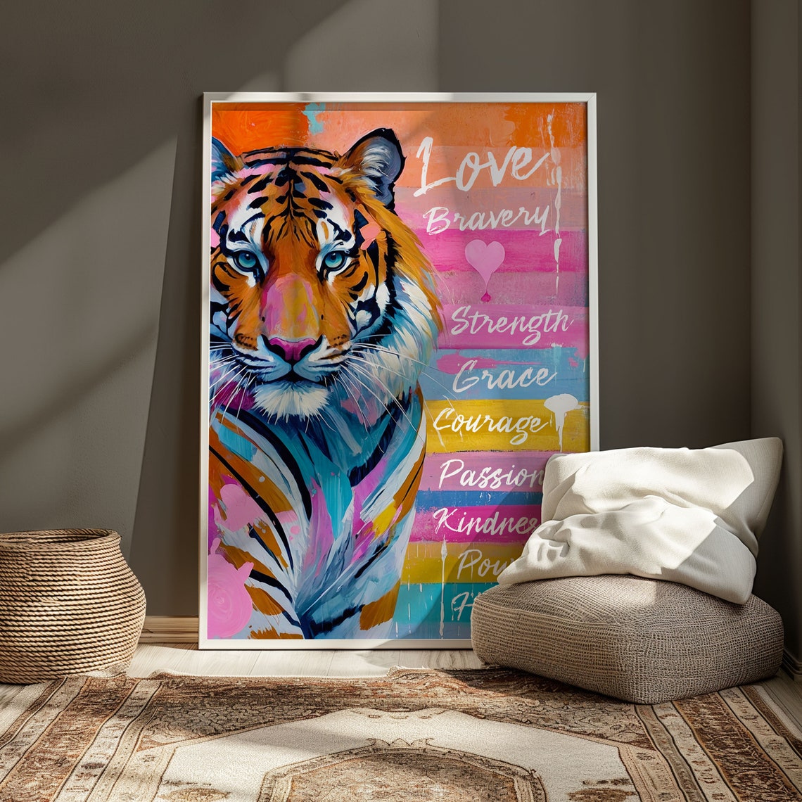 Colorful Tiger With Love Bravery Strength Words Motivational Poster - Image 4
