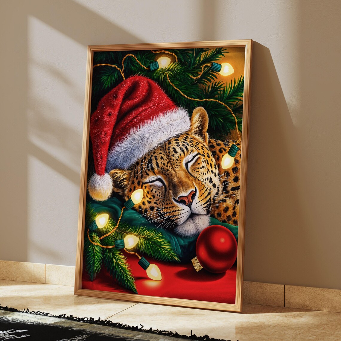 Sleeping Leopard With Santa Hat, Christmas Art Print - Image 4
