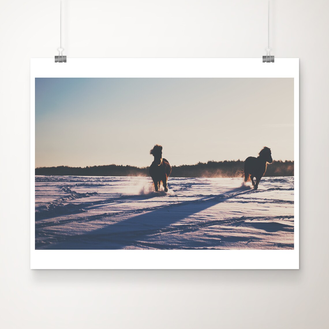 Two Galloping Horses in Snow at Sunset Silhouette Photo Poster