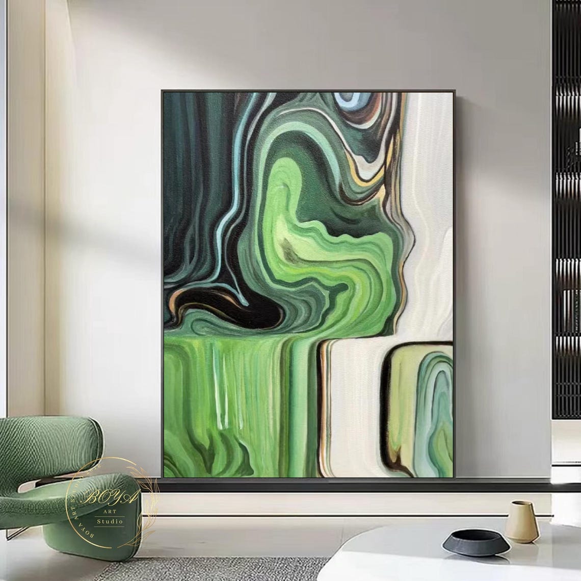 Deep Green Marble Waves Swirling Elegant Abstract Painting Poster