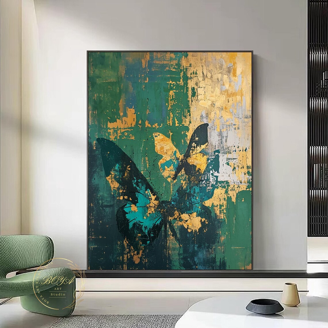 Green Butterfly Abstract Art, Gold-Textured Art Print