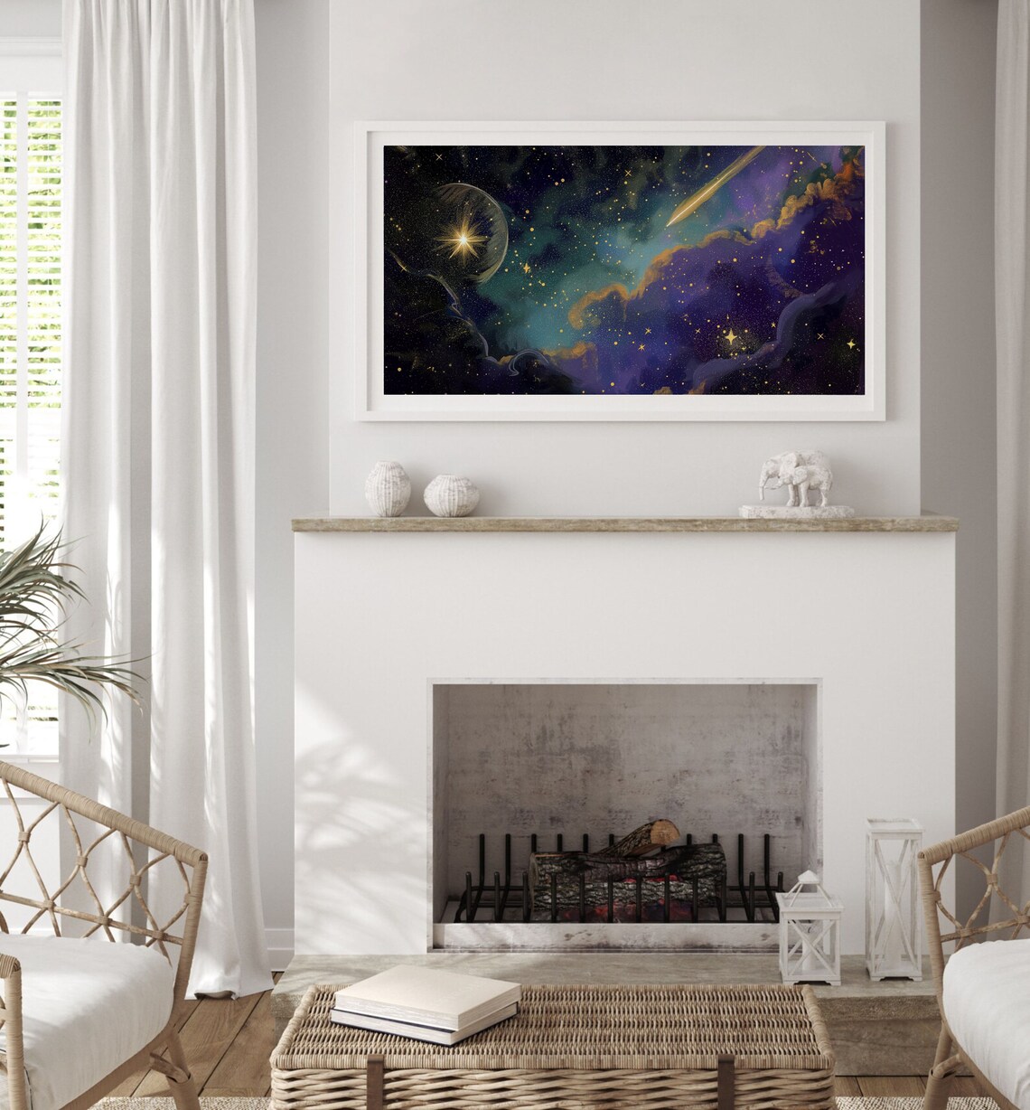 Shooting Star Moonlit Clouds Purple Gold Night Sky Painting Poster - Image 2