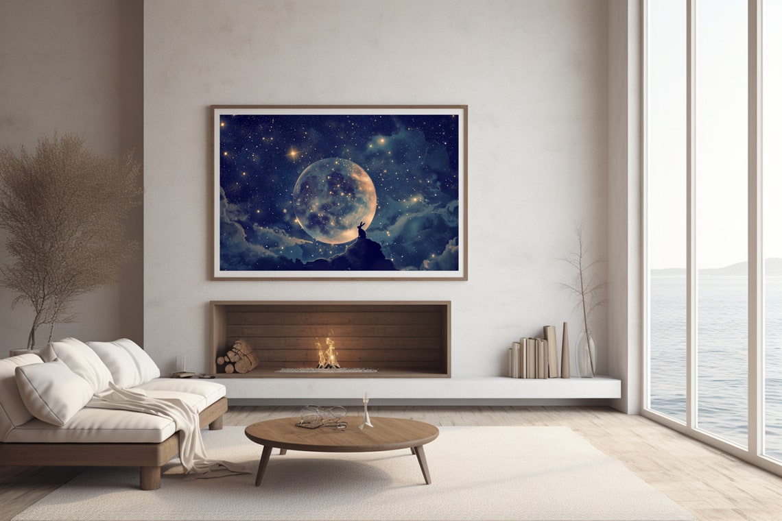 Full Moon Bunny Silhouette Cloud Starry Night Whimsical Poster - Image 3