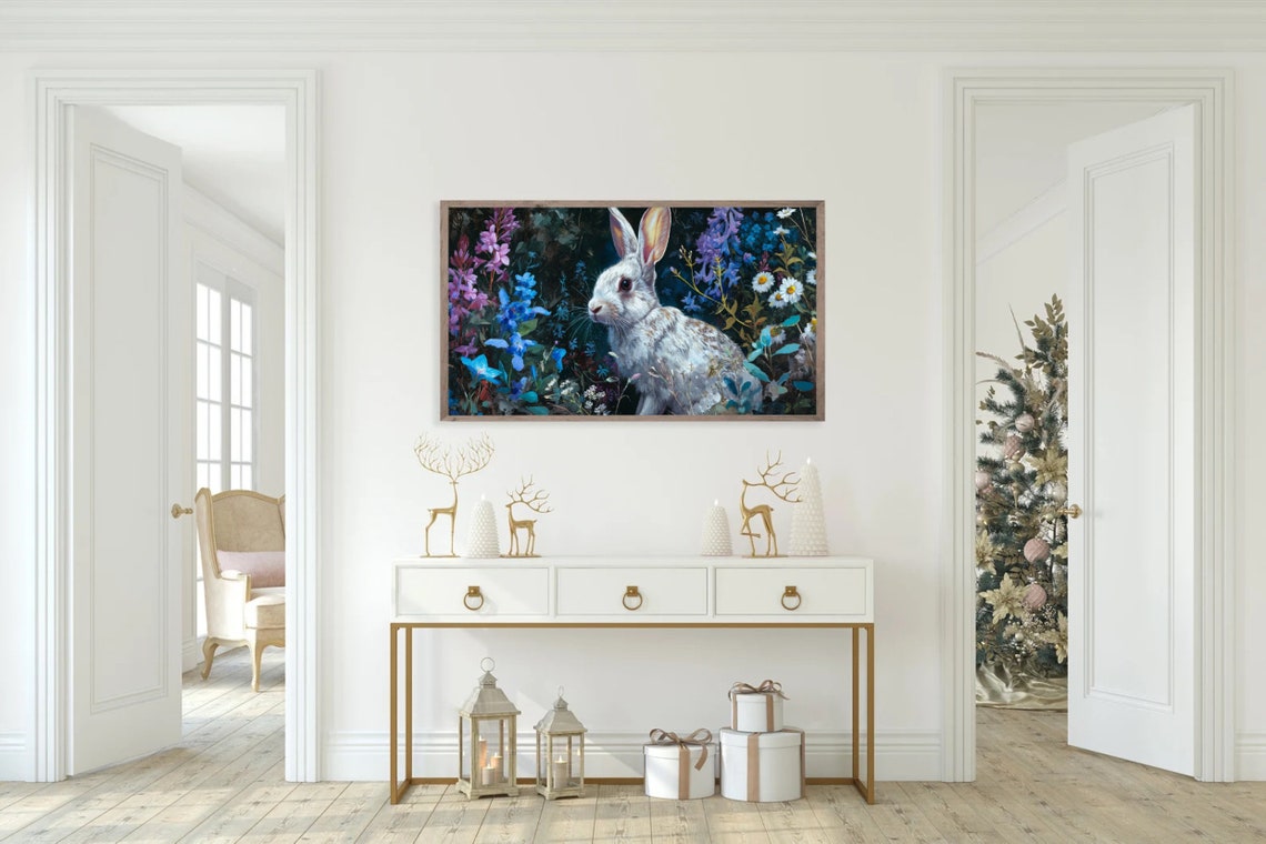 White Rabbit Among Blue Wildflowers Moody Floral Painting Poster - Image 2
