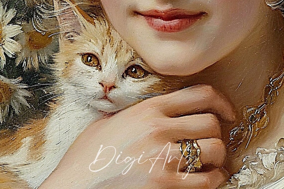 Woman Holding Orange Kitten Among Daisies Vintage Oil Painting Poster - Image 6