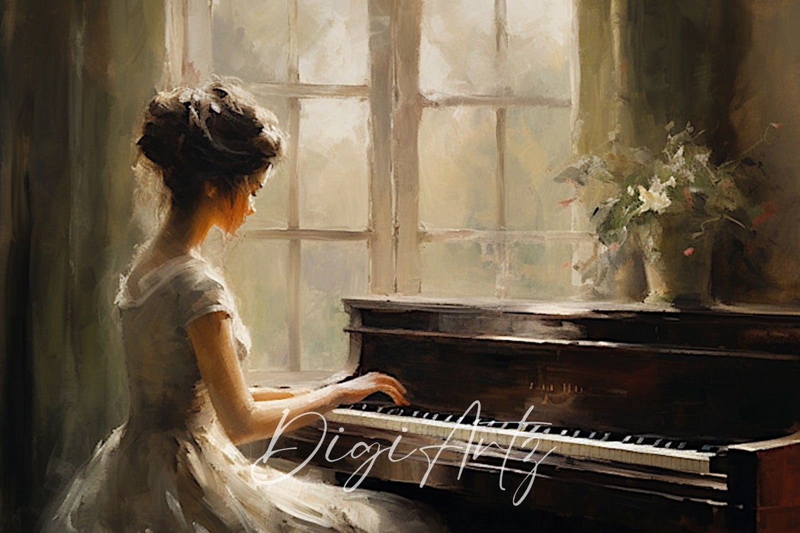 Woman Playing Piano by Window Moody Romantic Oil Painting Poster - Image 6