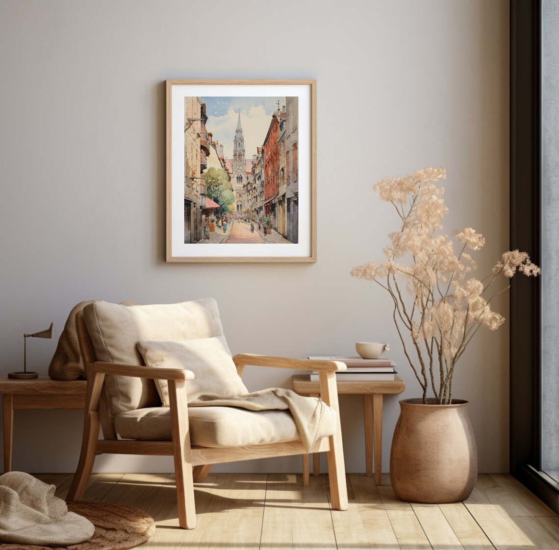 European Street Church Spire Cobblestone Watercolor Travel Poster - Image 3