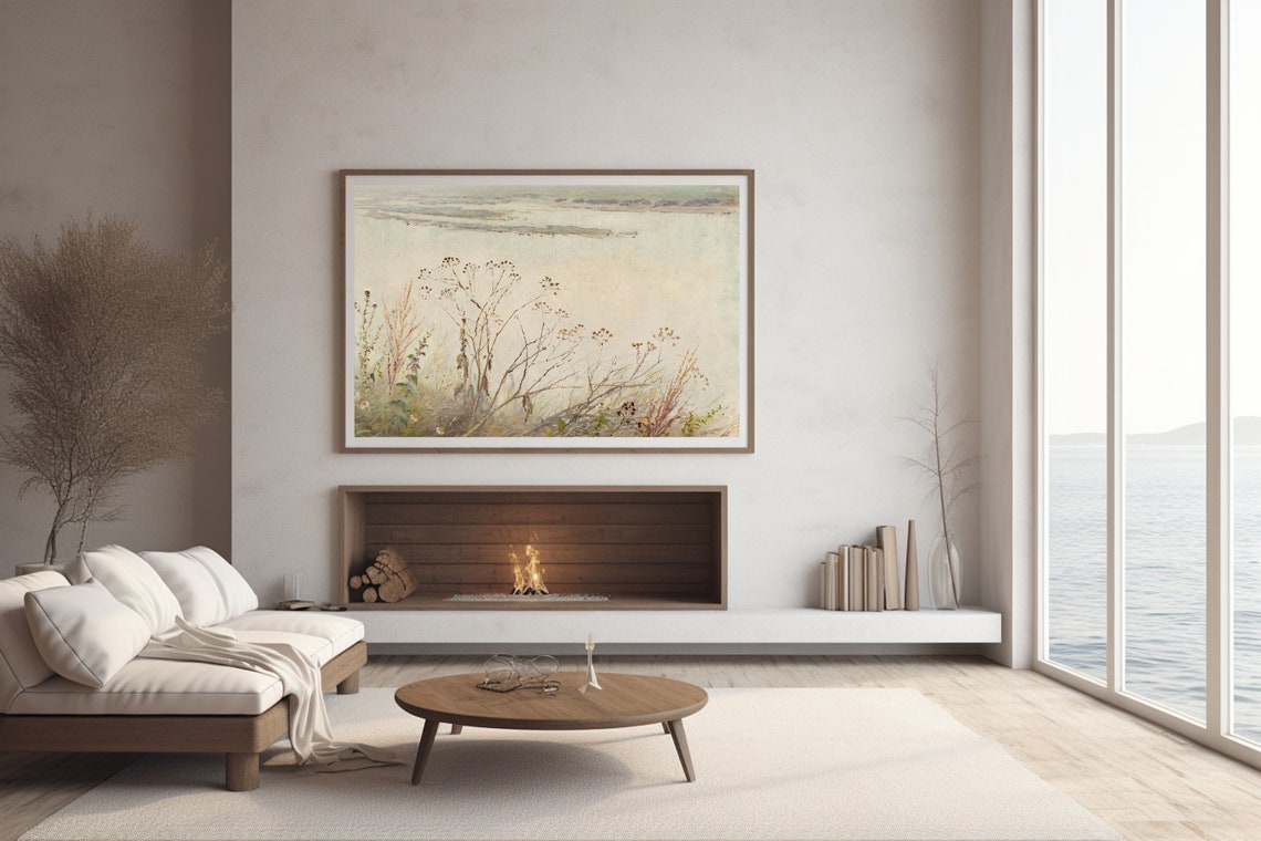 Wildflowers on Misty Lakeshore Neutral Vintage Landscape Poster - Image 2