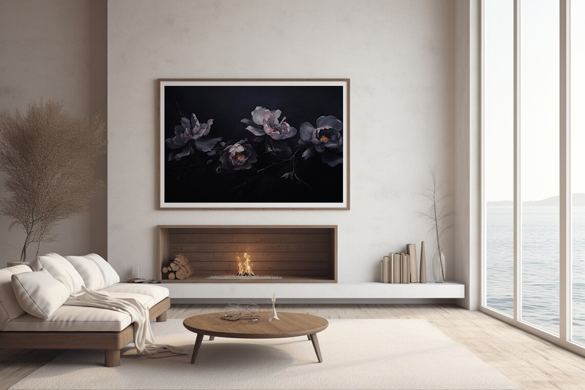 Moody Dark Floral Still Life With Dusky Peonies On Black Poster - Image 2