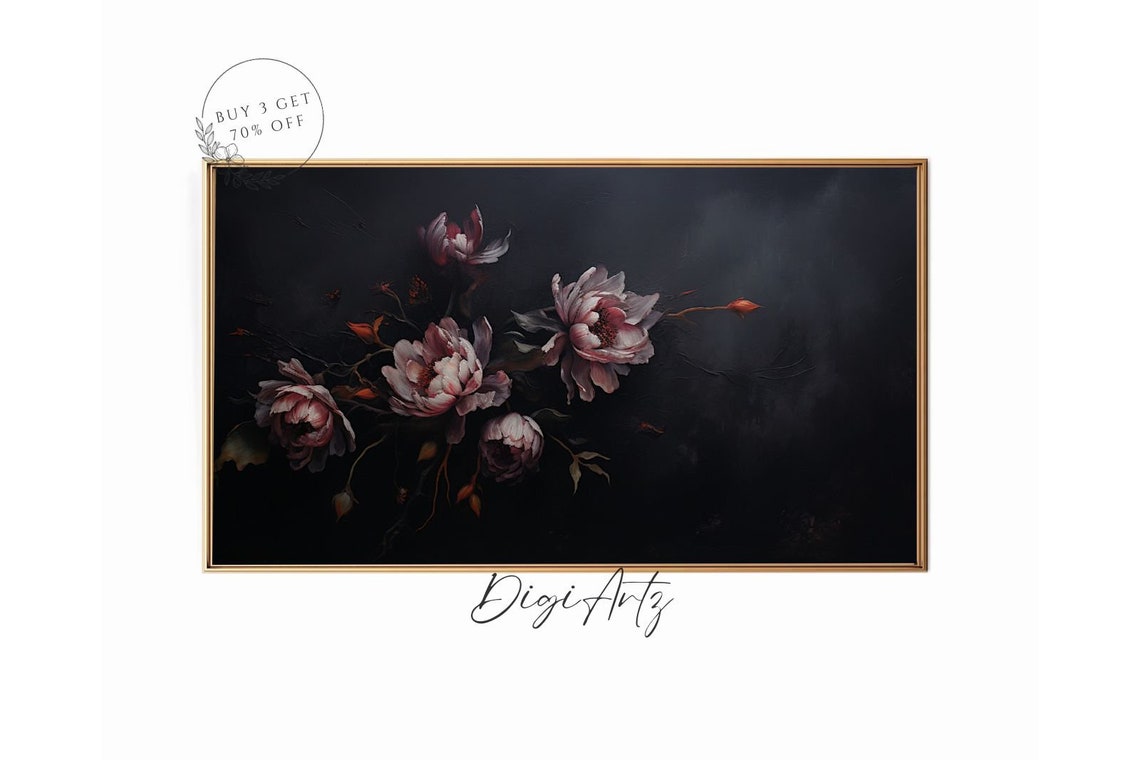 Blush Peonies Black Moody Floral Panoramic Botanical Scene Poster
