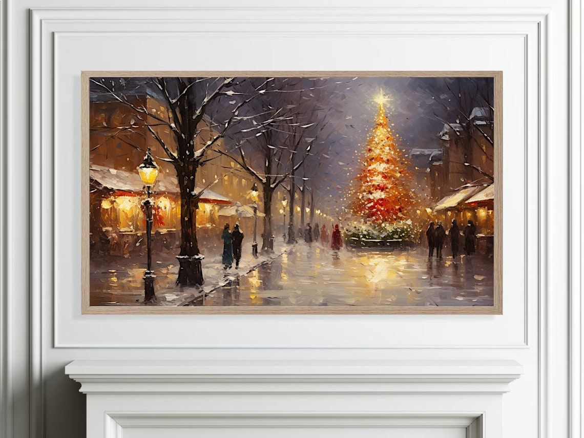 Frame Tv Christmas Night In Town Oil Painting Cottagecore Christmas Tree Decor Moody Winter Landscape Holiday Print Farmhouse Art - Image 2