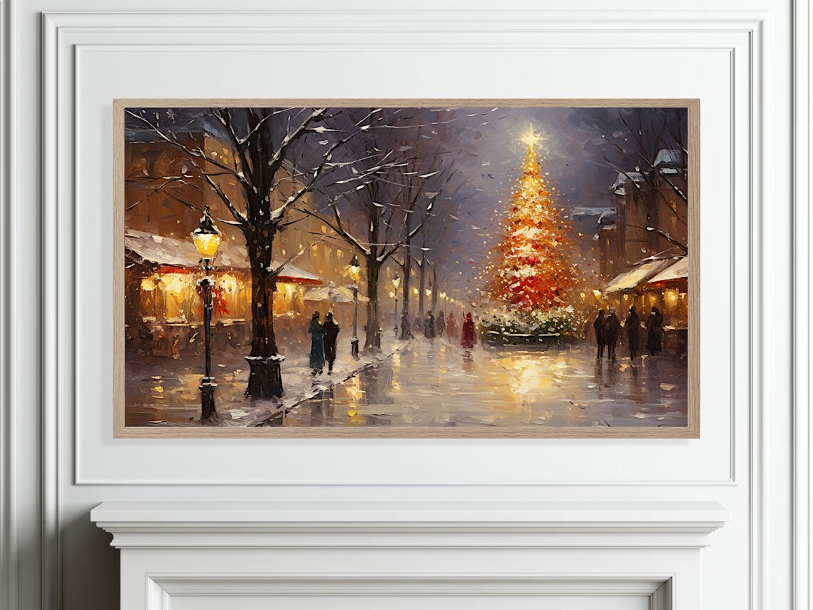 Glowing Christmas Tree On A Snowy City Street At Night Poster - Image 2